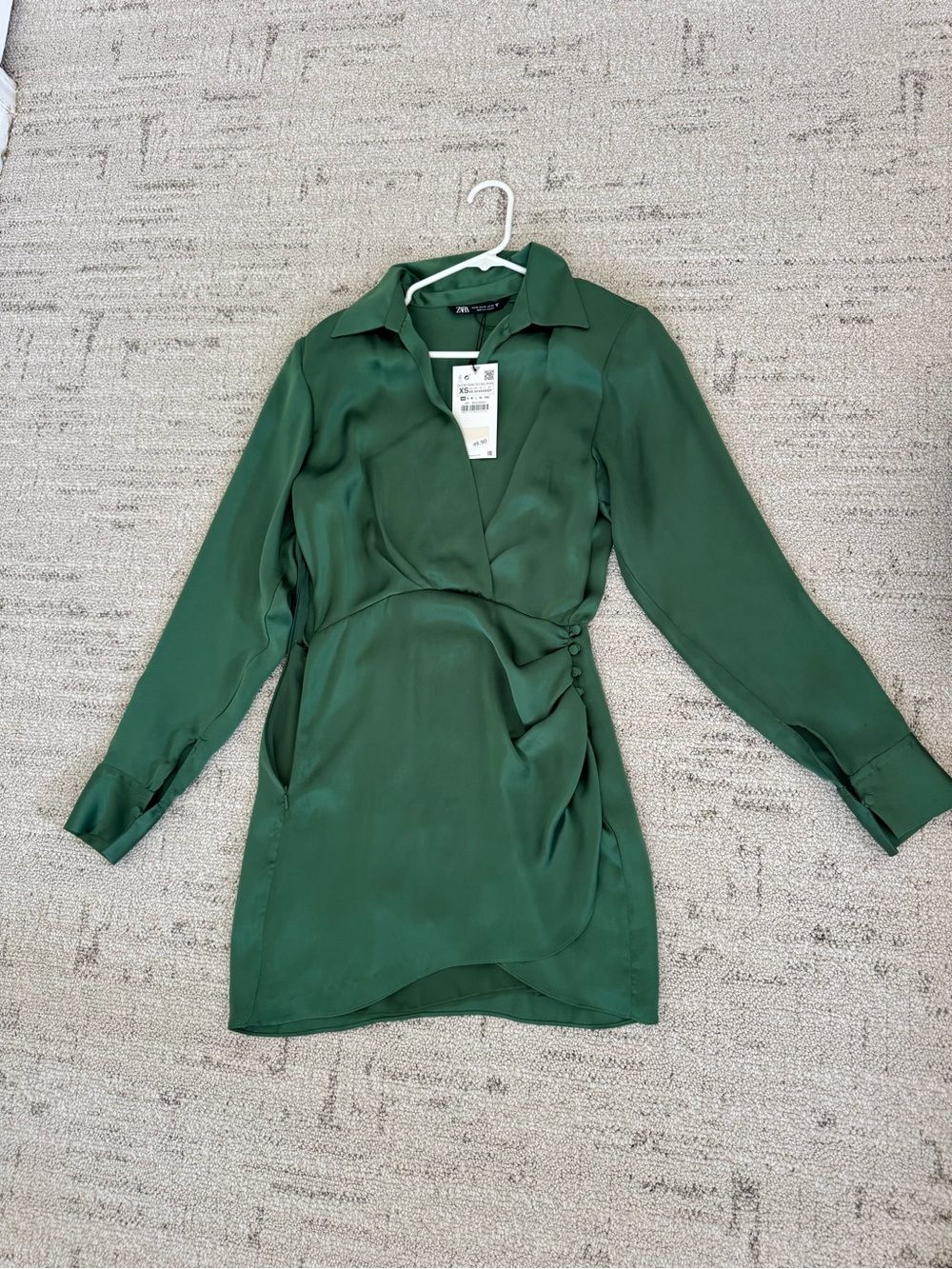 Zara Green Satin Long-Sleeve Wrap-Style Dress